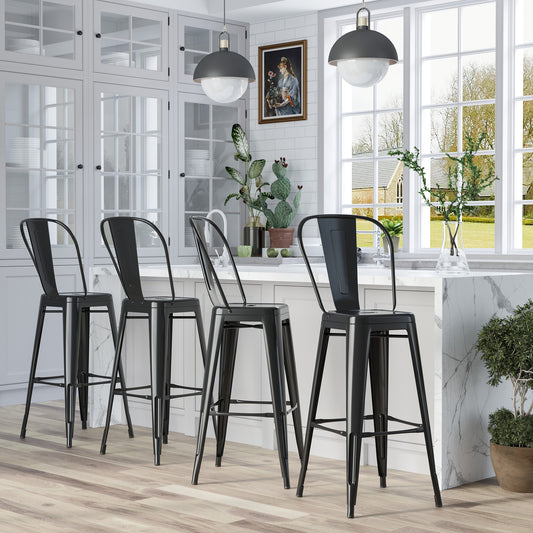 HOMCOM 30" Bar Height Metal Kitchen Stools Set of 4 Stackable Chairs with Removable Back for Island Pub Black | Dipra Home