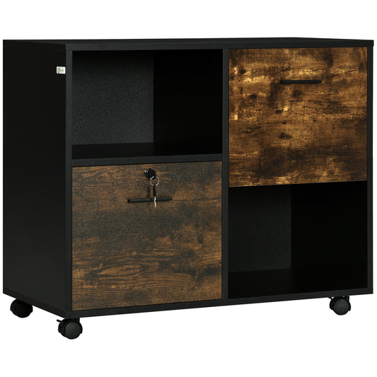 Vinsetto Lateral File Cabinet: Drawers, Lock, Open Shelves, Wheels, Rustic Brown Finish, Office Furniture | Dipra Home