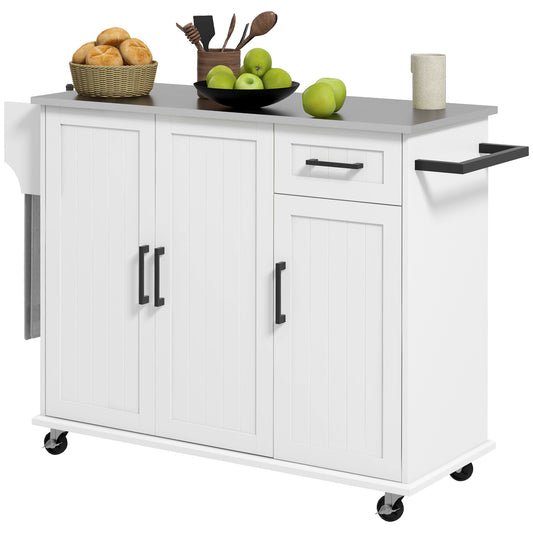 HOMCOM Movable Kitchen Workstation: White Rolling Island with Stainless Steel Top, 3 Cabinets, Spice/Towel Racks | Dipra Home