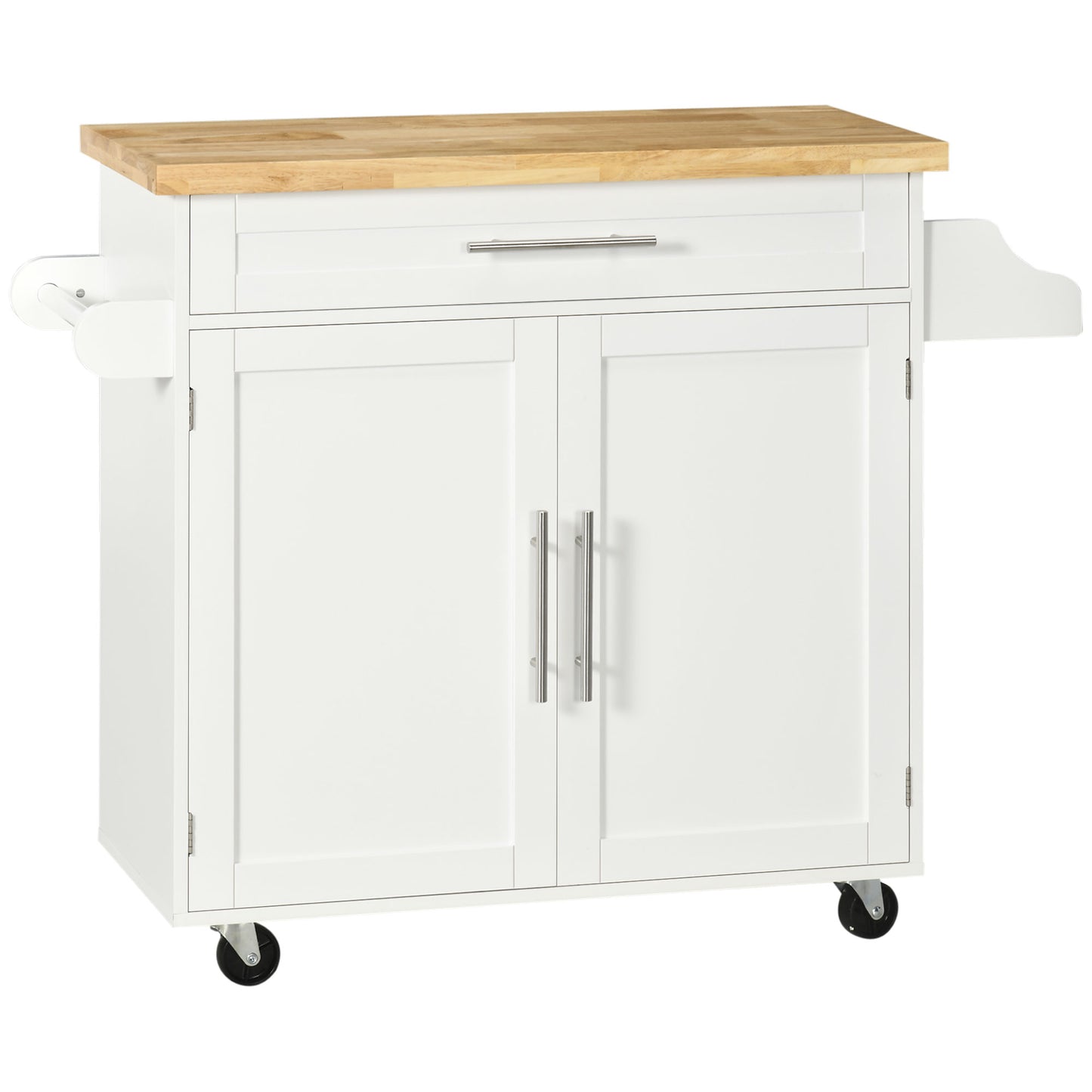 HOMCOM White Rolling Kitchen Trolley: Mobile Island Cart with Rubberwood Top, Storage Drawer, Spice & Towel Racks | Dipra Home