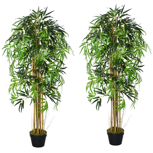 Outsunny Set of 2 5FT Artificial Tree Bamboo Tree Fake Plants in Pot for Home Office Living Room Decor, Green | Dipra Home