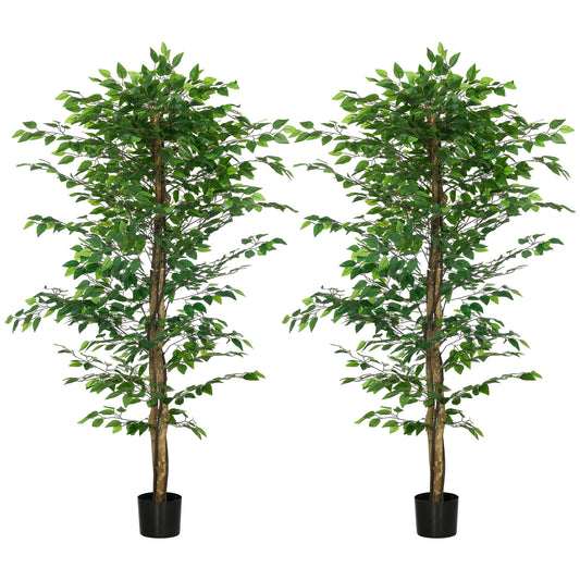 HOMCOM Faux Ficus Foliage: Set of 2 Indoor Outdoor Decorative Artificial Plants with Pot for Home Office Decor | Dipra Home