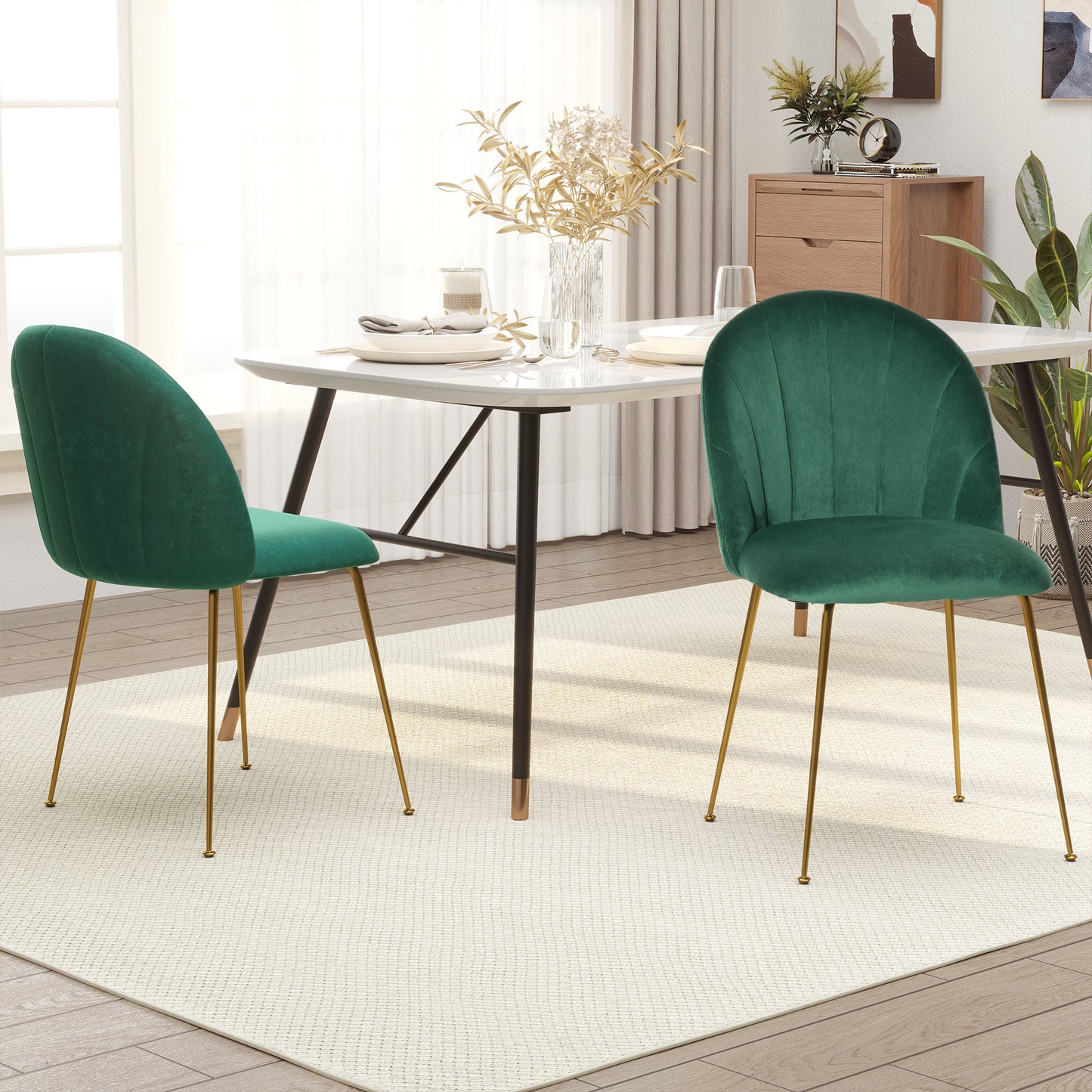 HOMCOM Green Velvet-Touch Fabric Modern Dining Accent Chairs Set of 2 with Gold Metal Legs | Dipra Home