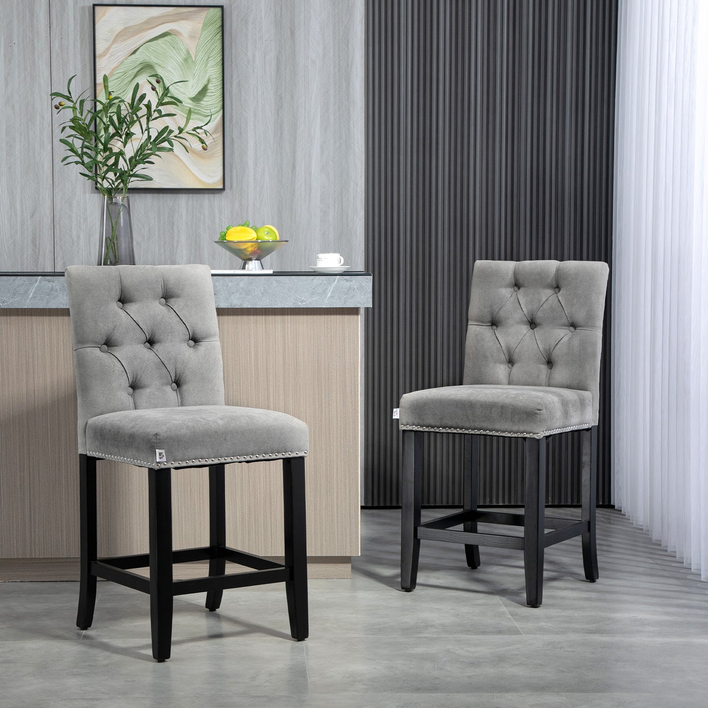 HOMCOM Bar Chairs Set of 2 Fabric Upholstered Tall 25.6" Seat Height Tufted Back Wood Legs Light Grey Stylish Accent Furniture | Dipra Home