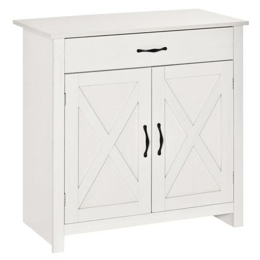 HOMCOM Distressed White Barn Door Cabinet: Farmhouse Sideboard Buffet Storage Coffee Bar for Living Room, Entryway, White Wash Finish | Dipra Home