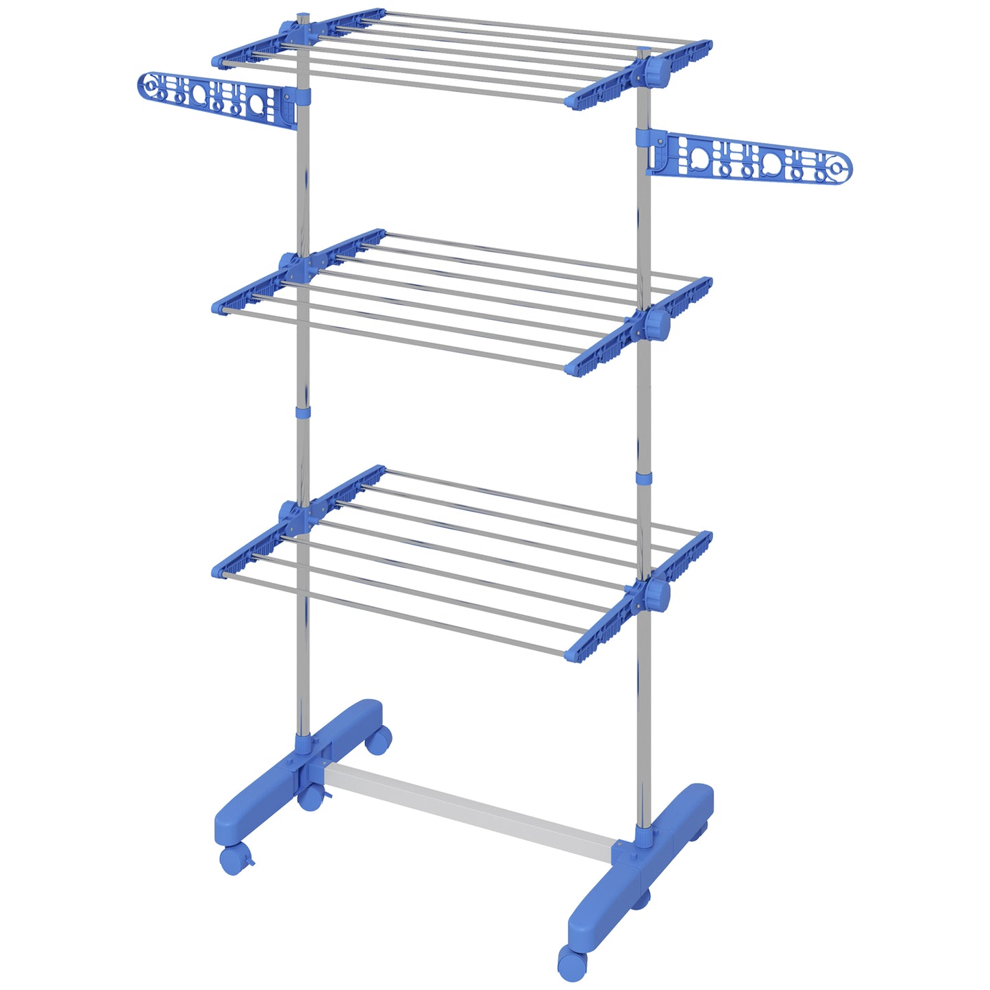 HOMCOM Clothes Drying Rack 3-Tier Stainless Steel Laundry Rack with Side Wings 6 Castors Blue | Dipra Home