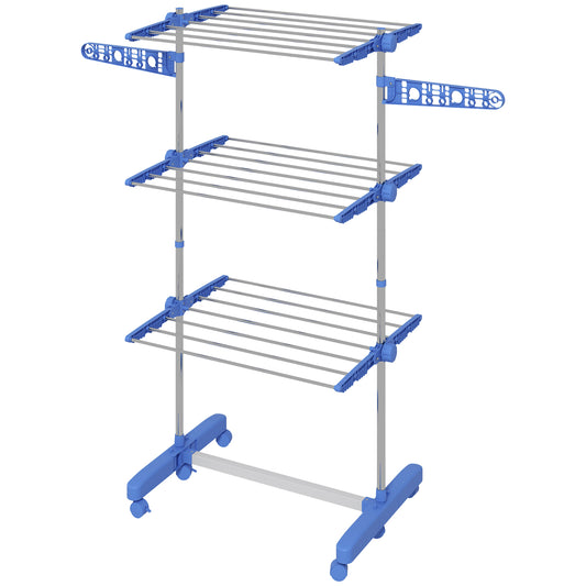 HOMCOM Clothes Drying Rack 3-Tier Stainless Steel Laundry Rack with Side Wings 6 Castors Blue | Dipra Home