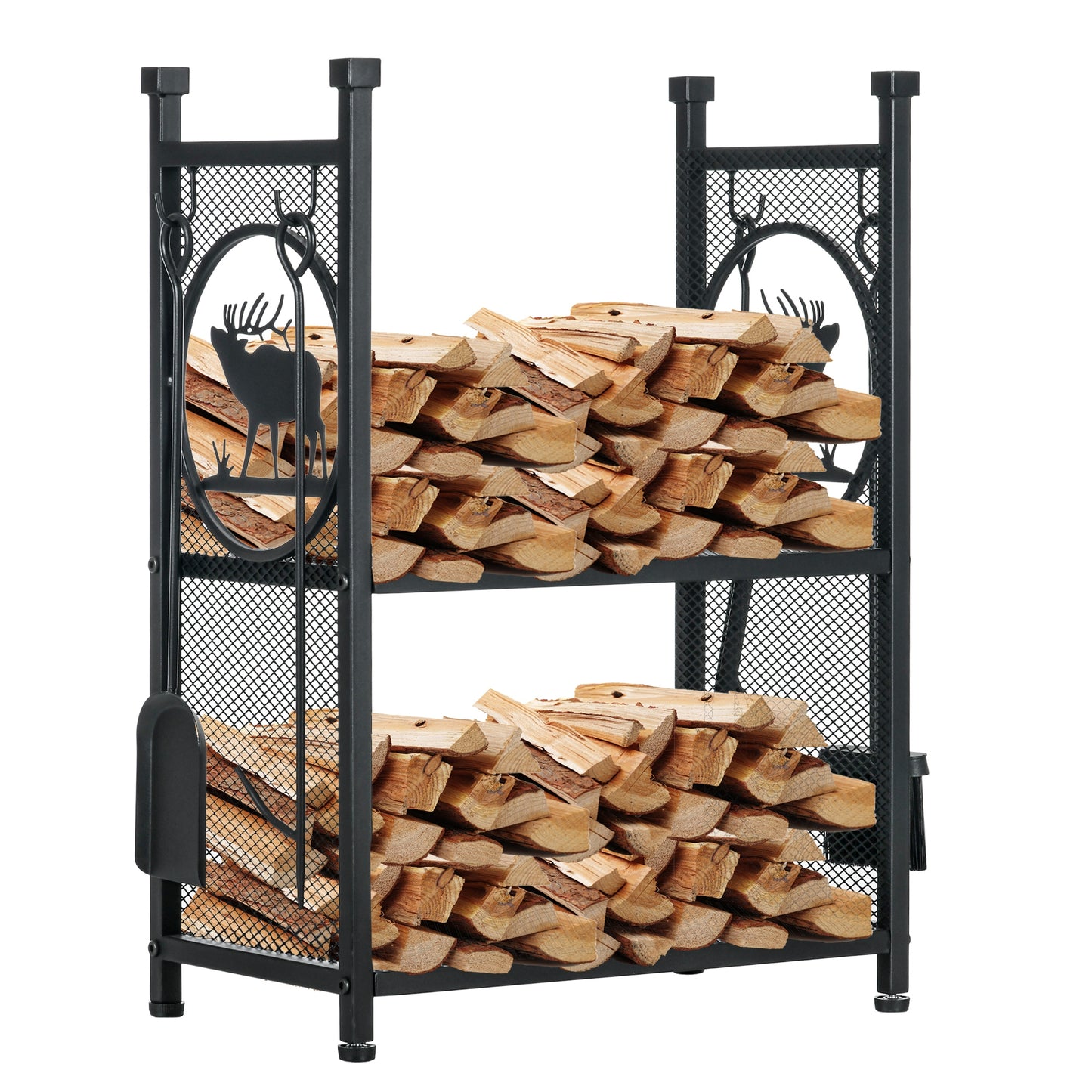 Outsunny Firewood Storage Rack with Accessories, 2-Tier Log Holder, Includes Shovel, Broom, Poker, Tongs, Side Hooks, Ideal for Fireplace Wood Stacking, Durable Metal, Black | Dipra Home