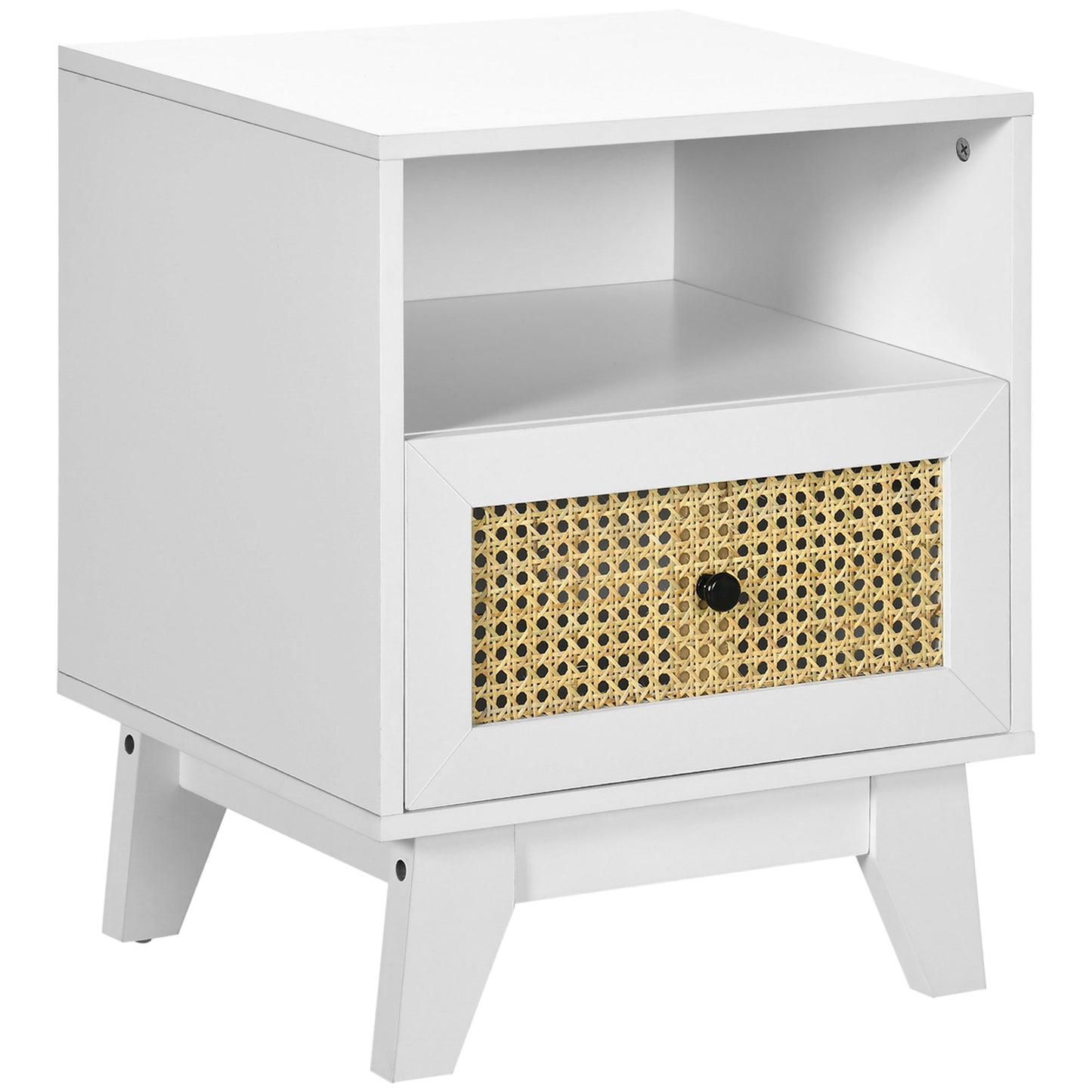 HOMCOM Bedside Table: Rattan Element, Drawer, Shelf, For Bedroom/Living Room, White, Nightstand | Dipra Home