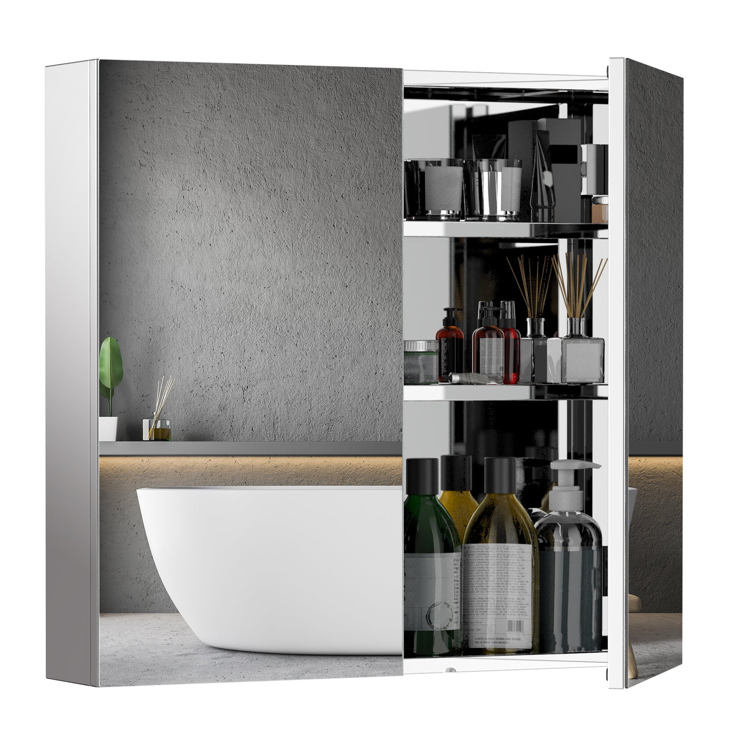 HOMCOM Wall Mounted Mirror Bathroom Medicine Cabinet 2 Doors 3-Tier Shelving Silver | Dipra Home