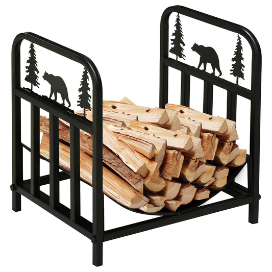 Outsunny Curved Firewood Rack with Bear and Pine Tree Design, 17 Inch Log Holder Storage Rack with 110 lbs. Capacity, Black | Dipra Home