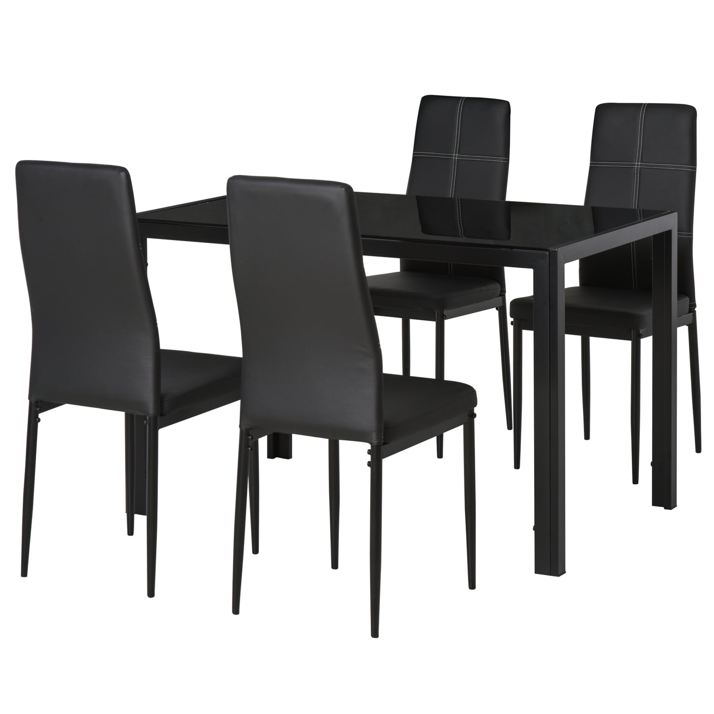 HOMCOM 5-Piece Rectangular Glass Dining Table Set for 4 with Metal Frame Faux Leather Chairs Kitchen Furniture Black | Dipra Home