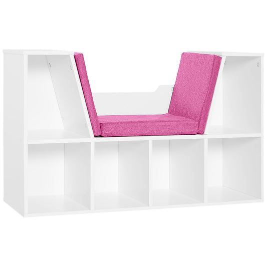 HOMCOM 6-Cubby Kids Bookcase with Cushioned Seat Reading Nook Multi-Purpose Storage Organizer Cabinet Shelf, White Pink | Dipra Home