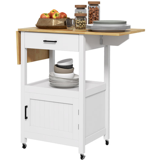 HOMCOM Foldable Kitchen Island with Storage Drawer Wood Top Coffee Cart on Wheels Kitchen Cart Cabinet White | Dipra Home