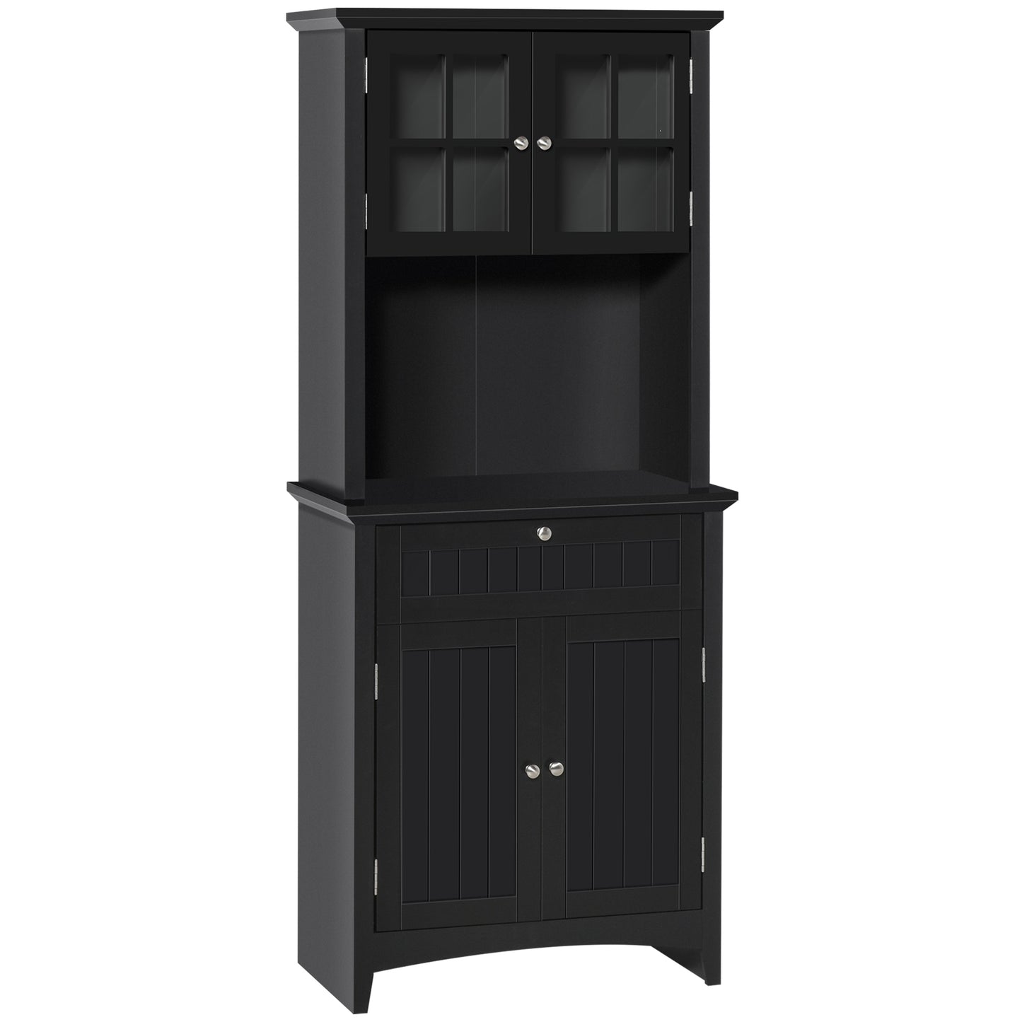 HOMCOM Kitchen Storage Marvel: Freestanding Wooden Pantry Cabinet with Framed Glass Door, Drawer, and Microwave Space, Black Finish | Dipra Home