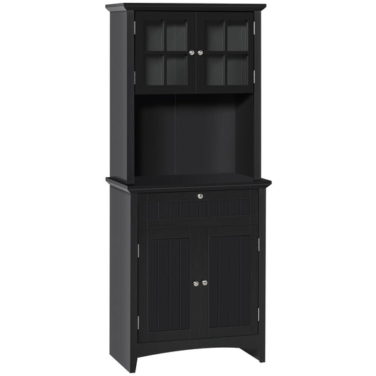 HOMCOM Kitchen Storage Marvel: Freestanding Wooden Pantry Cabinet with Framed Glass Door, Drawer, and Microwave Space, Black Finish | Dipra Home