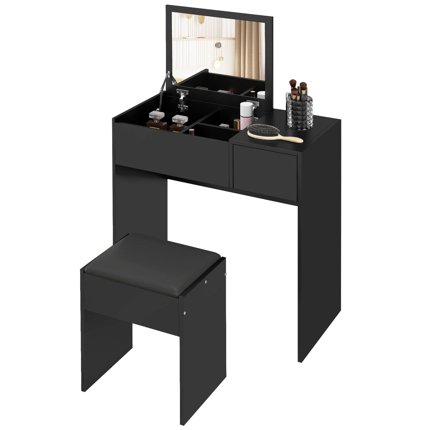 HOMCOM Modern Vanity Set with Flip Top Mirror and Cushioned Stool, Dressing Table with Storage Drawer for Bedroom, Black | Dipra Home