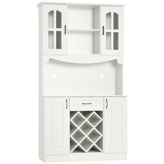 HOMCOM Kitchen Pantry Cabinet Buffet with Hutch Utility Drawer 4 Door Cabinets 6-Bottle Wine Rack White | Dipra Home