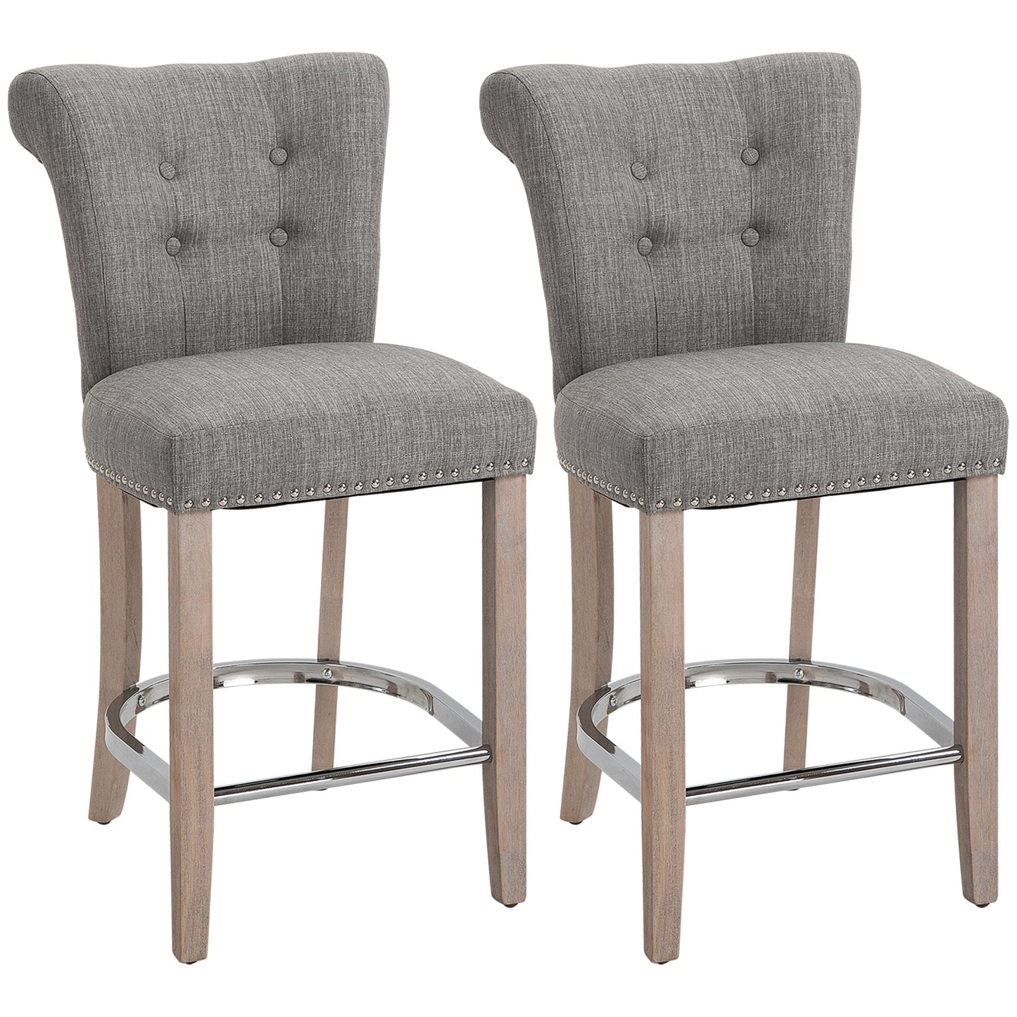 HOMCOM Linen Luxury Bar Stools: Upholstered Set of 2 with Footrest, Solid Wood Legs, and Dining Chair Design, Grey Finish | Dipra Home