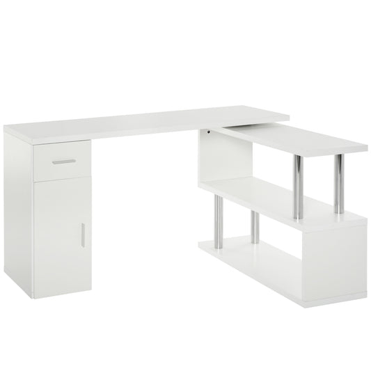 HOMCOM L-Shaped Rotating Desk with Storage Shelves Cabinet and Drawer White for Home Office Study Workstation | Dipra Home