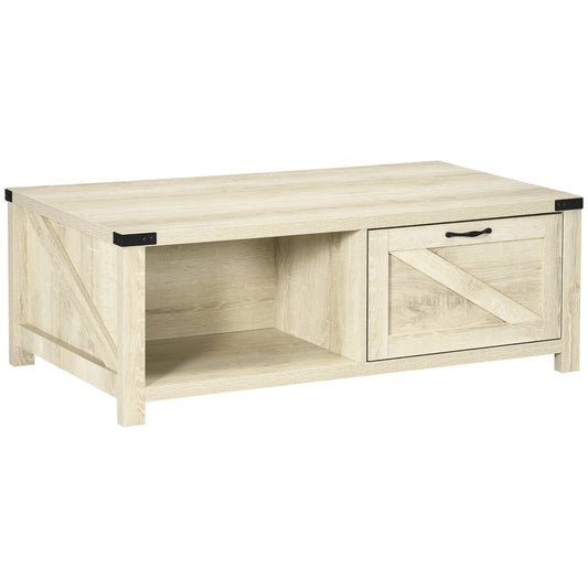 HOMCOM White Oak Farmhouse Coffee Table: Rustic Center Table with Drawer and Storage Shelf for Living Room | Dipra Home