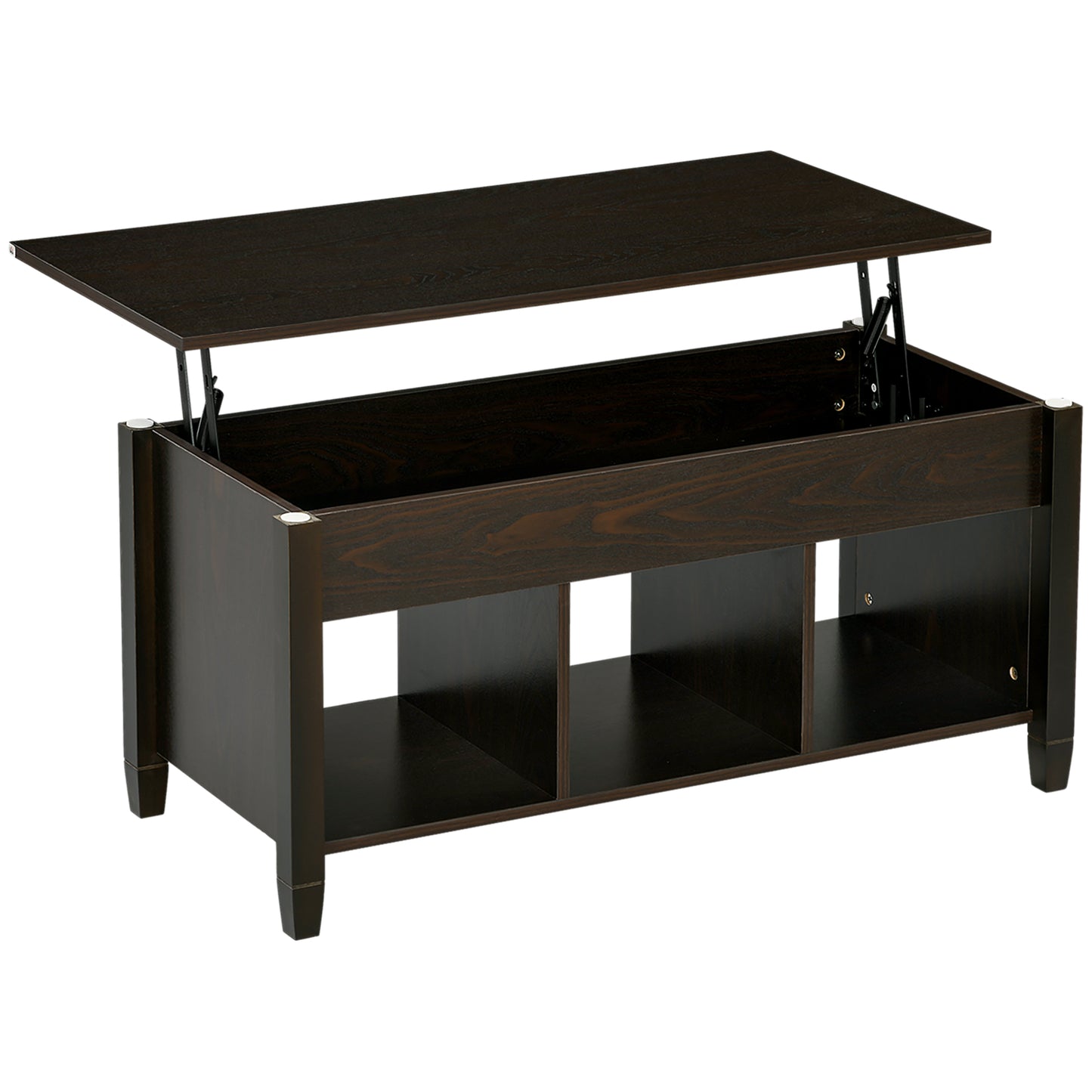 HOMCOM Lift-Top Espresso Hideaway: Coffee Table with Hidden Storage, 3 Lower Shelves, Pop-Up Design for Living Room | Dipra Home