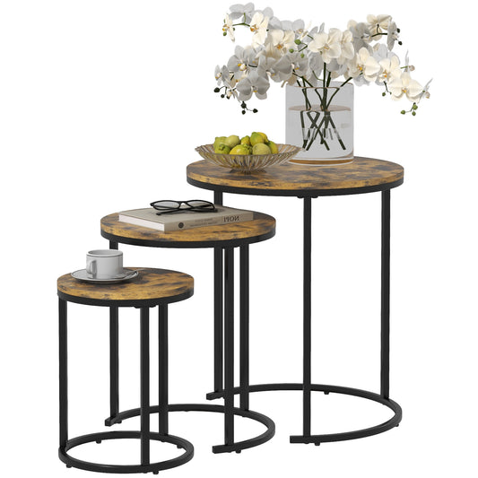 HOMCOM Nesting Coffee Tables Set of 3, Stacking Round Side Tables with Steel Frame for Living Room, Rustic Brown | Dipra Home