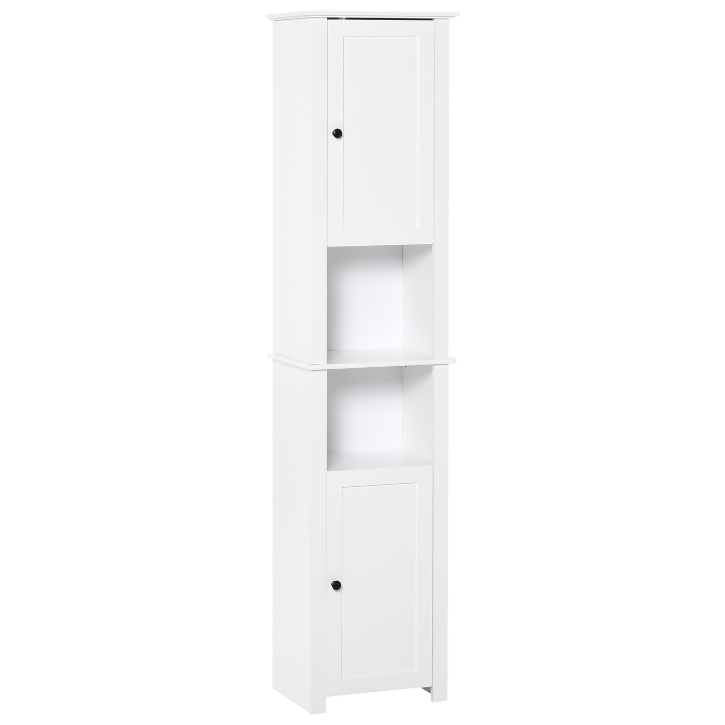 HOMCOM Tall Bathroom Linen Cabinet: Freestanding Tower with 2-Tier Shelf & 2 Cupboards, Narrow Side Organizer, White | Dipra Home