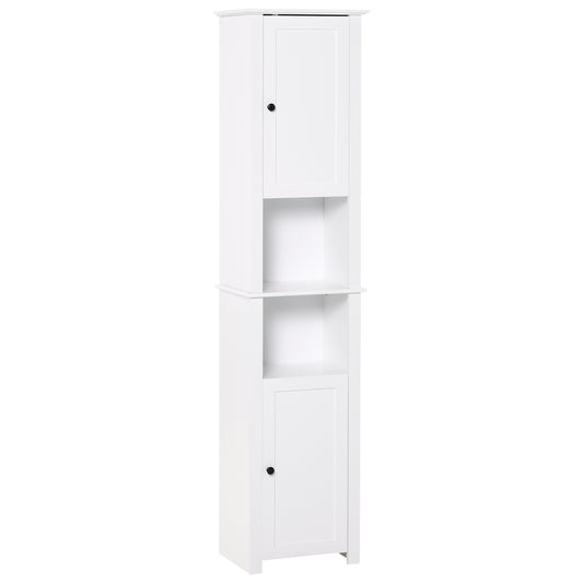 HOMCOM Tall Bathroom Linen Cabinet: Freestanding Tower with 2-Tier Shelf & 2 Cupboards, Narrow Side Organizer, White | Dipra Home