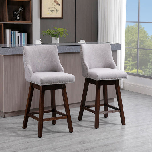 HOMCOM Swivel Bar stool Set of 2 Armless Upholstered Bar Chairs with Nailhead-Trim, Wood Legs, Light Grey | Dipra Home