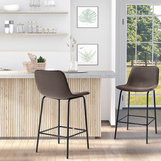 HOMCOM Upholstered Bar Stool Set: 2 Counter Height Chairs with Steel Legs for Dining Kitchen, 26" inch, Black Finish | Dipra Home