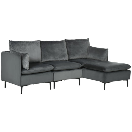 HOMCOM Convertible L-Shaped Sectional Sofa: 3 Seater Couch with Reversible Ottoman for Living Room, Grey | Dipra Home