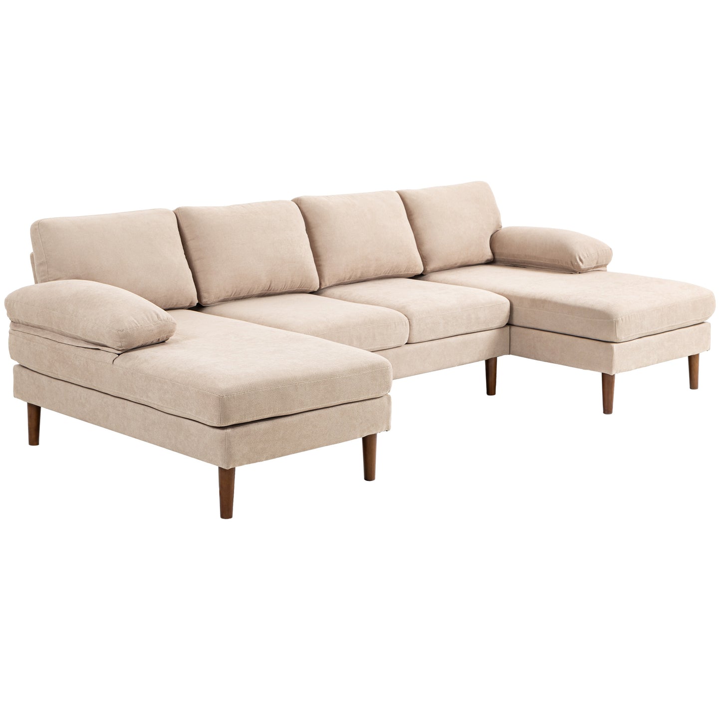 HOMCOM U Shape Couch with Double Chaise Lounge, Modern 4 Seater Sofa with Wooden Legs, Fabric Sofa for Living Room, Beige | Dipra Home