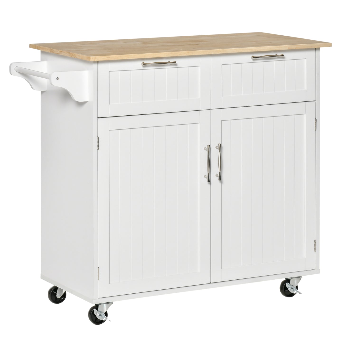 HOMCOM White Mobile Kitchen Island: Rubber Wood Top Cart with Storage Drawers, Cabinet & Towel Rack | Dipra Home