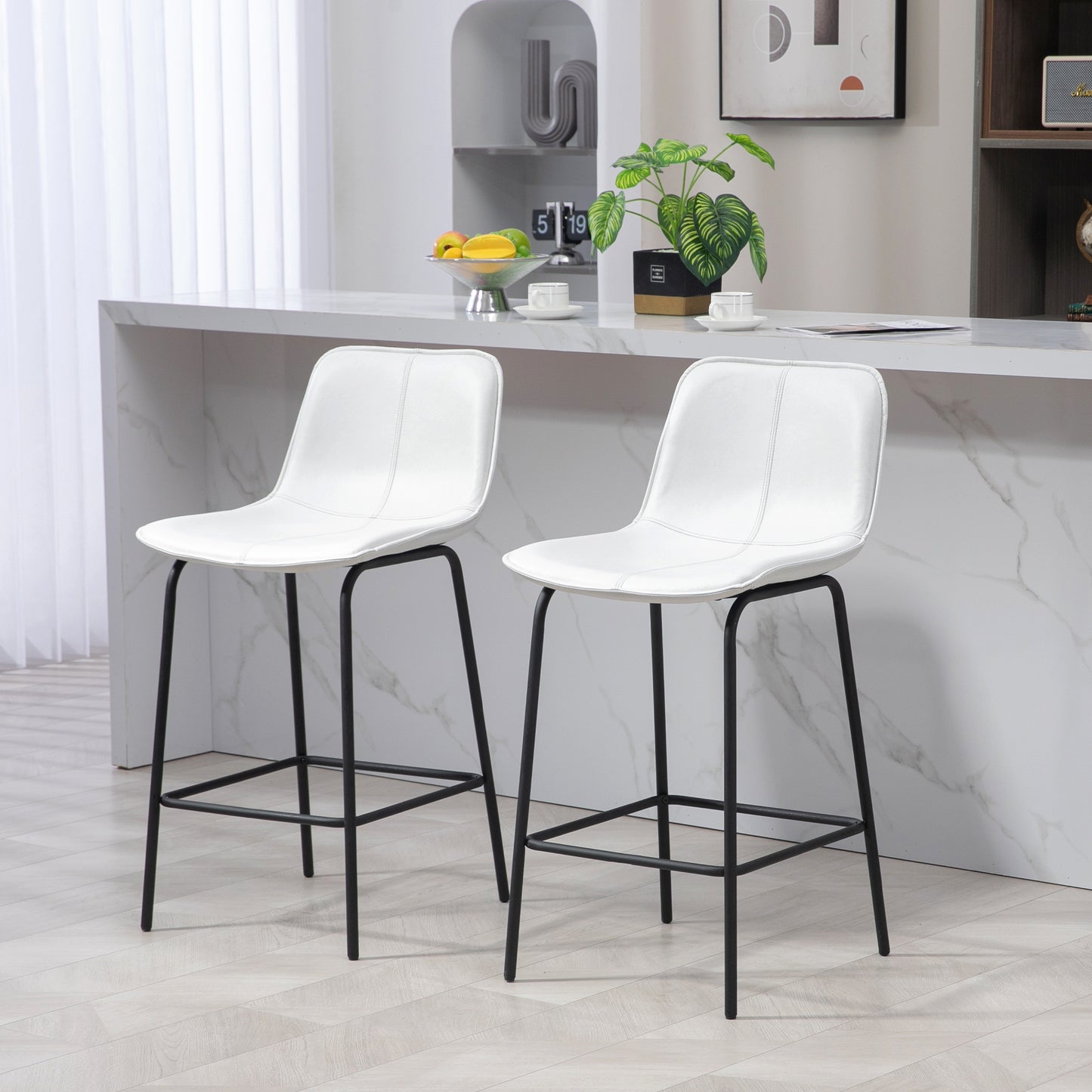 HOMCOM 2 Modern Bar Chairs, Upholstered Counter Height, Steel Legs, Kitchen Stools | Dipra Home