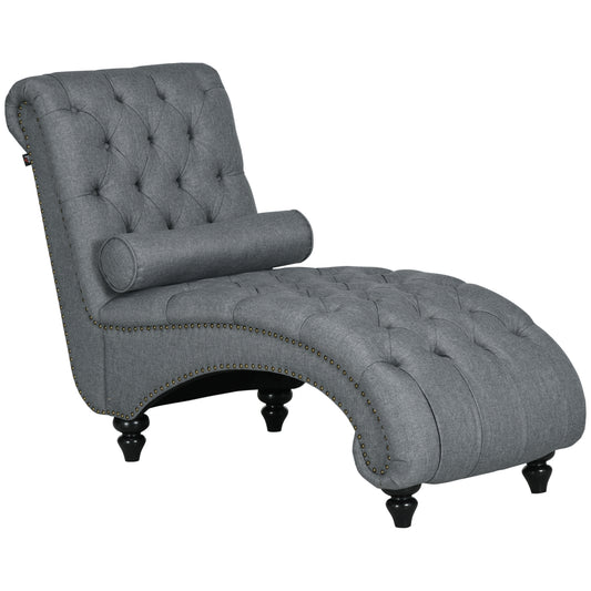 HOMCOM Button Tufted Chaise Lounge Chair Grey Indoor Upholstered with Bolster Pillow Wood Legs Nailhead Trim | Dipra Home