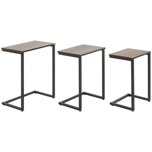 HOMCOM Rustic Nesting Tables: Set of 3 C-Shaped Snack Side Tables with Steel Frame for Sofa, Couch and Bed, Vintage Brown | Dipra Home