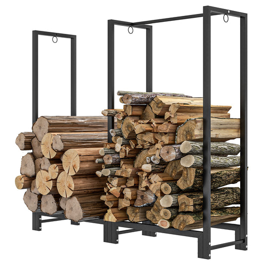 Outsunny 4ft Firewood Rack with Dual Space and Lock Rings, Steel Log Holder for Outdoor Indoor, Black | Dipra Home