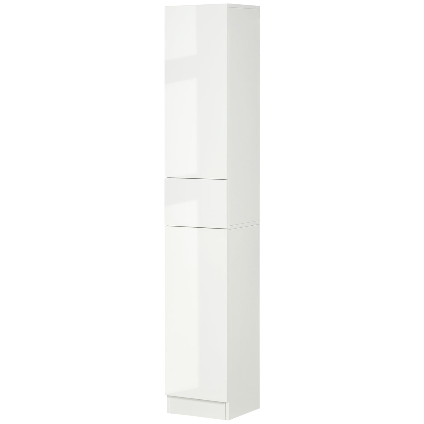 kleankin Tall Narrow Bathroom Storage Cabinet Doors Drawer Adjustable Shelves High Gloss Wooden Furniture Space Saving White | Dipra Home