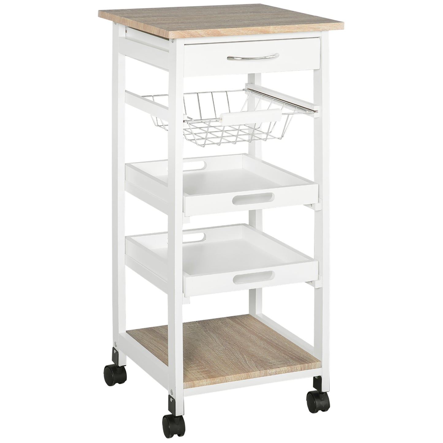 HOMCOM White Rolling Kitchen Cart: Mobile Utility Island with Storage Drawer, Wire Basket & Tray Versatility | Dipra Home