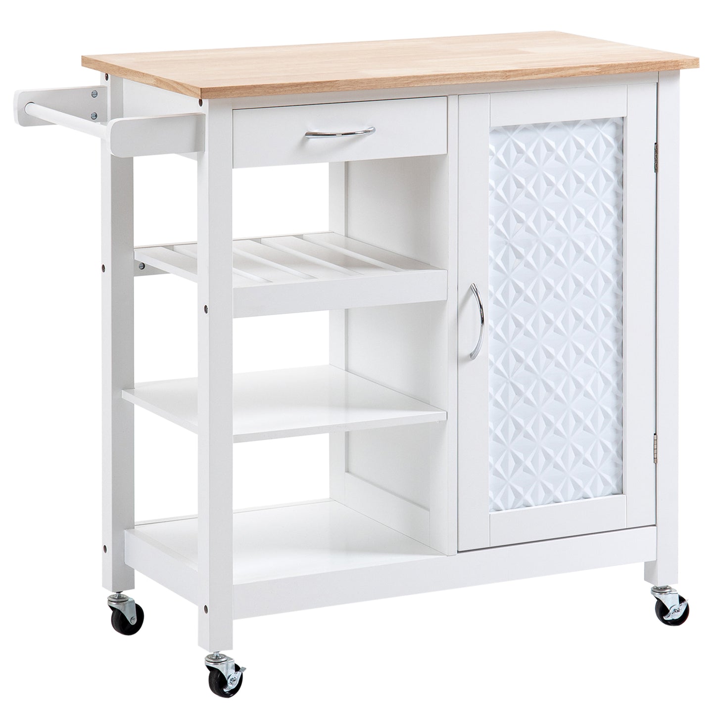 HOMCOM Kitchen Craft: Wheeled Cart with Embossed Door Panel, Storage Drawer, White Utility Island | Dipra Home