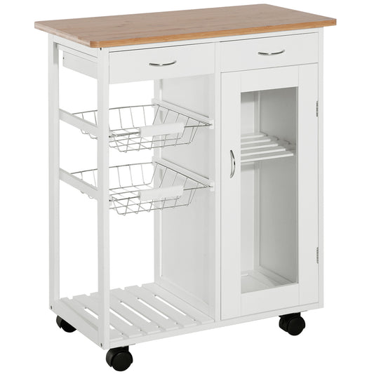 HOMCOM 34" Rolling Kitchen Island: White Wood Trolley Cart with Bamboo Top, Drawer Cabinet & Wheeled Storage | Dipra Home