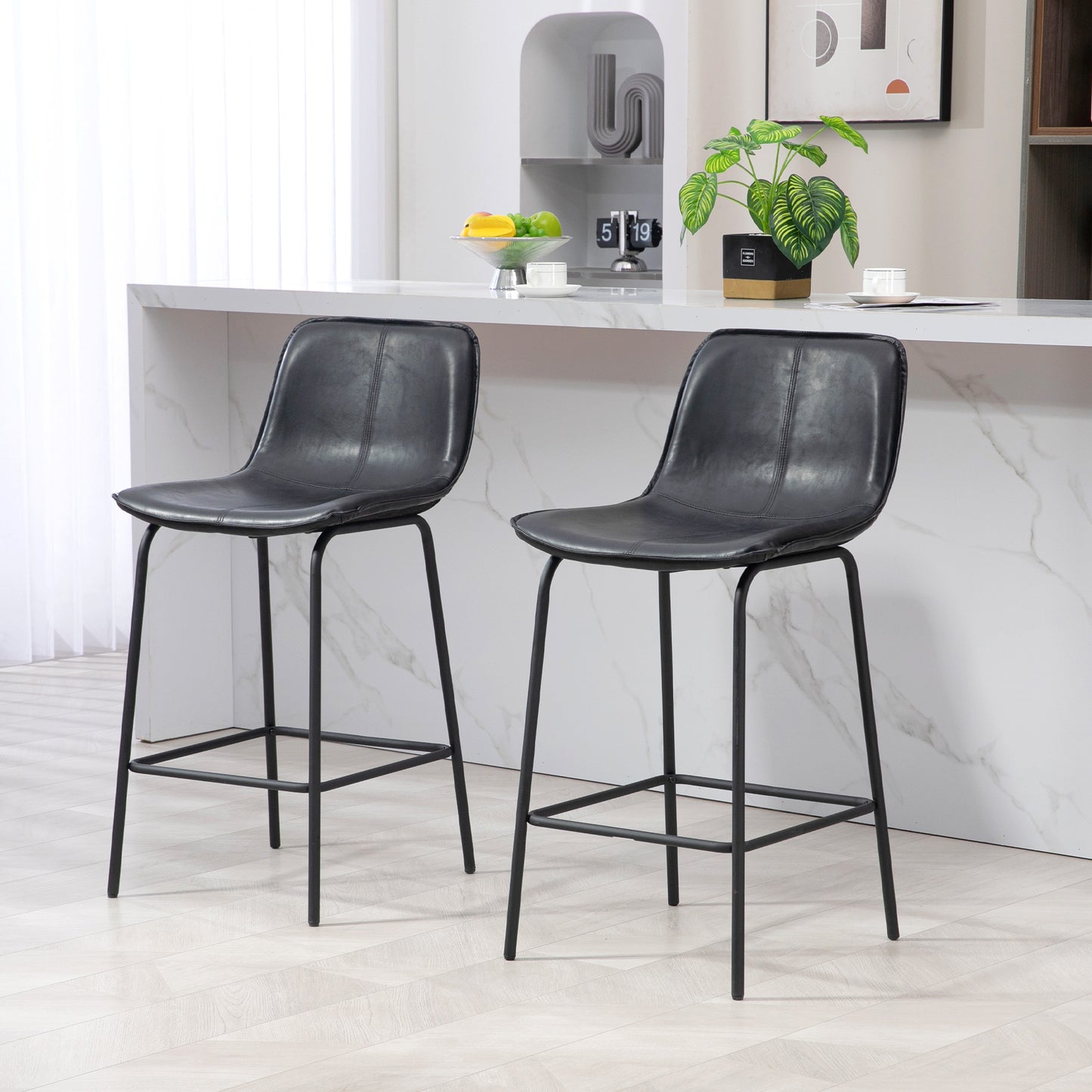 HOMCOM Set of 2 Upholstered Counter Height Bar Chairs, Stylish Kitchen Stools with Steel Legs for Contemporary Home Seating | Dipra Home