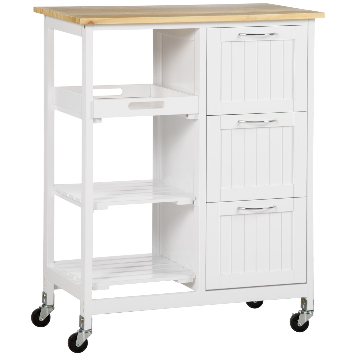 HOMCOM Wooden Kitchen Trolley: Coffee Bar Cart with 3 Drawers, 2 Shelves, Removable Tray & Rolling Mobility | Dipra Home