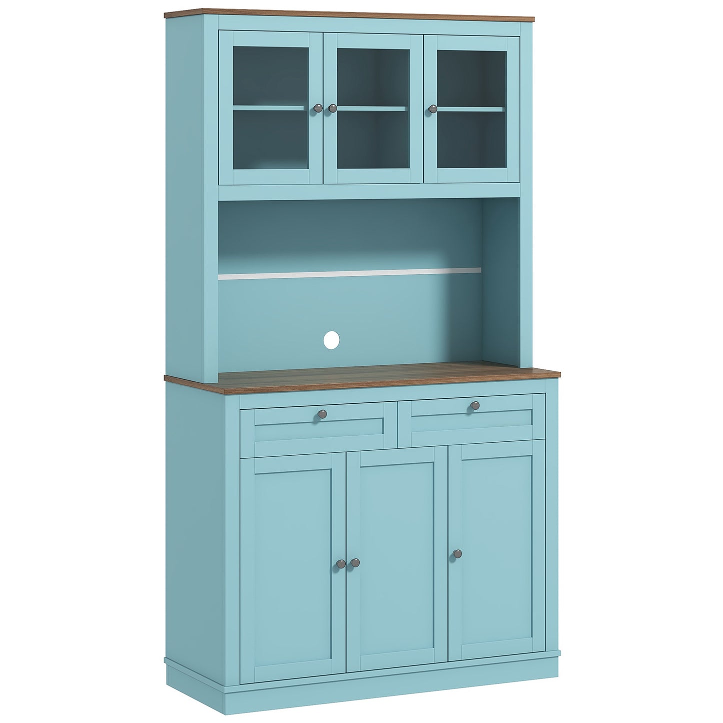 HOMCOM Spacious 71" Kitchen Pantry Cabinet - Microwave Space, Buffet Hutch, 2 Drawers, Adjustable Shelves, Glass Doors in Blue | Dipra Home