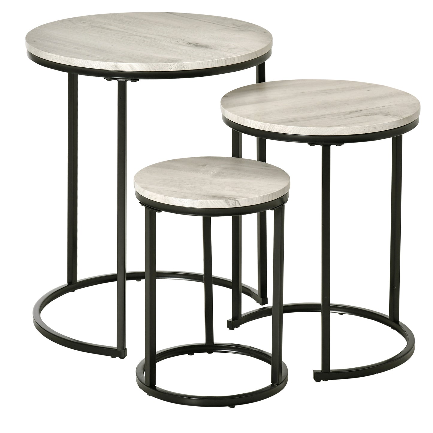 HOMCOM Trendy Nested Coffee Tables: Set of 3 Stacking Side Tables with Woodgrain Steel Frame for Living Room, Chic Grey | Dipra Home