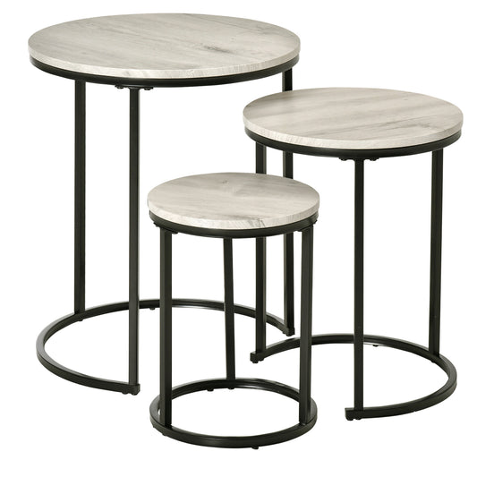 HOMCOM Trendy Nested Coffee Tables: Set of 3 Stacking Side Tables with Woodgrain Steel Frame for Living Room, Chic Grey | Dipra Home