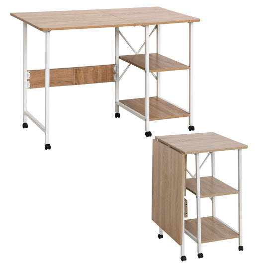 HOMCOM Folding Study Desk Storage Shelves Laptop Table Home Office Workstation 6 Wheels Natural | Dipra Home